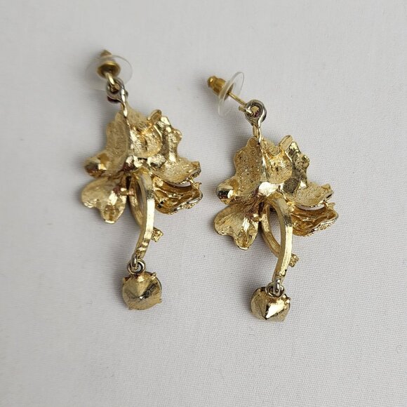 VTG Gold-Tone Floral Dangle Drop Earrings Multicolor Rhinestones Fall Fashion - Picture 8 of 10